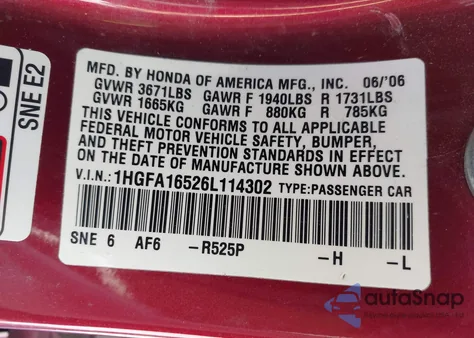 2006 Honda Civic Lx из США, поврежденный, VIN 1HGFA16526L114302